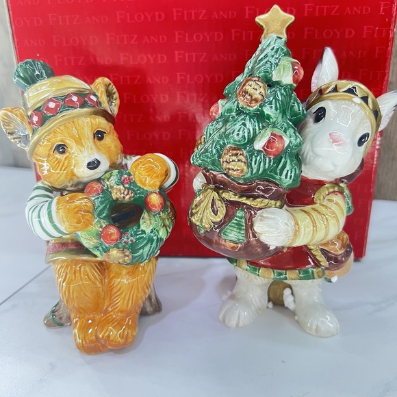 Fitz and Floyd Other - Vtg Fitz & Floyd Salt Pepper Shaker Christmas Lodge Bear Bunny Large 2001 W/ Box
